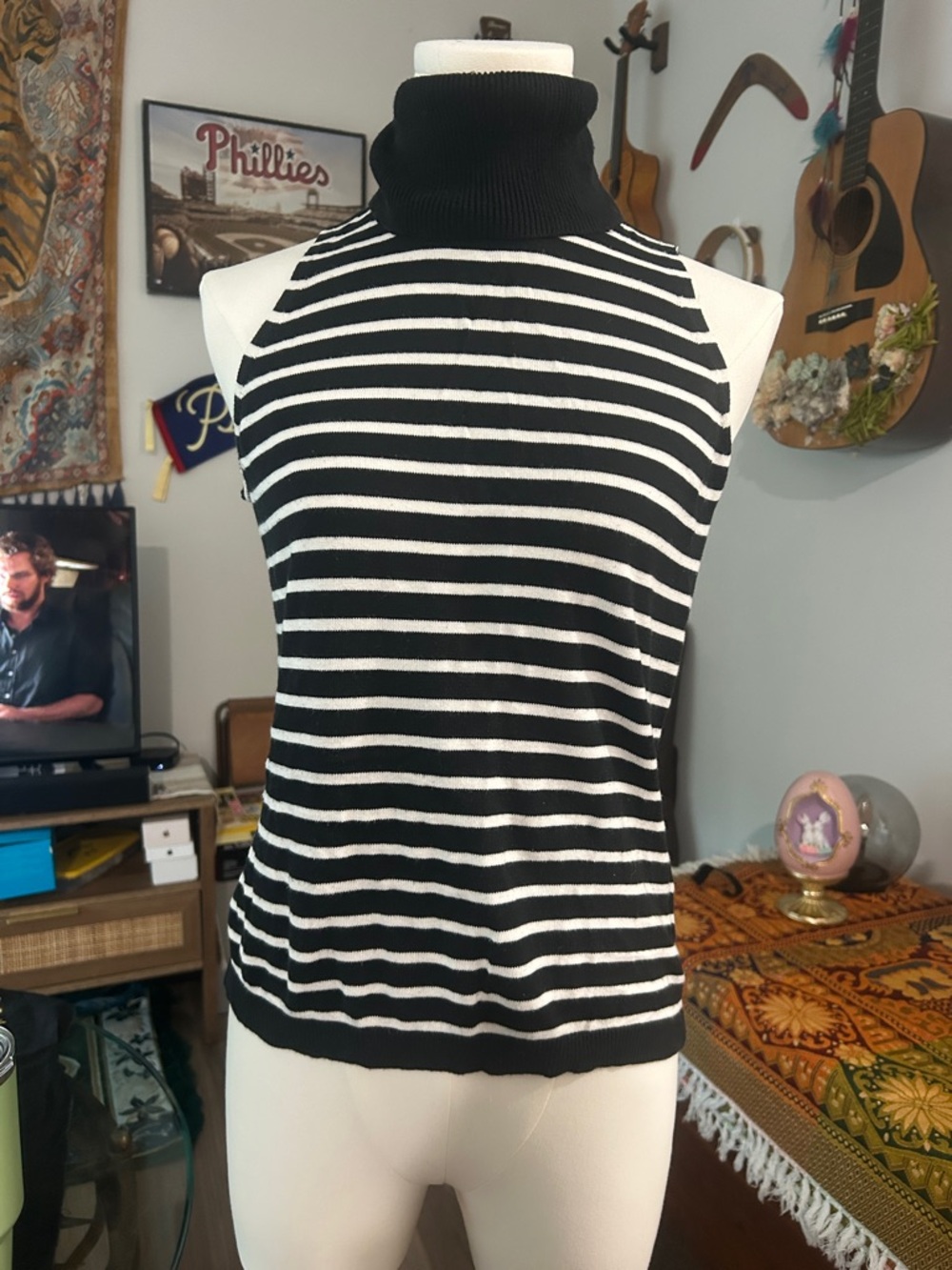 Lauren by Ralph Lauren Sleeveless Black & White Striped Turtleneck Knit Top